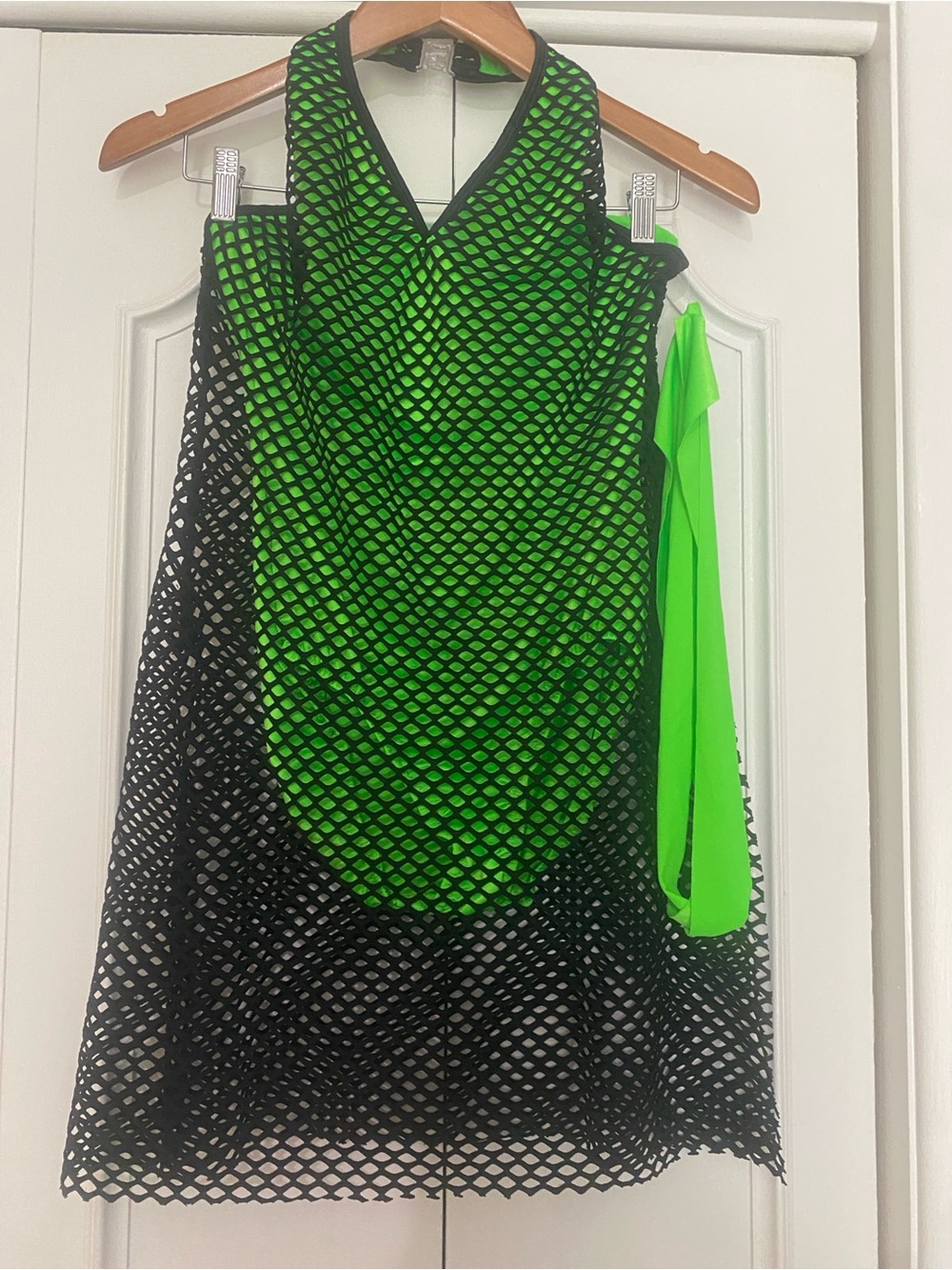 Curtain Call Dance Costume -fluorescent green Leo w black Fishnet Sheath Overlay